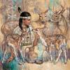 Native American woman with fawns