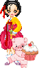 korean girl & a pig with a cuppy cake