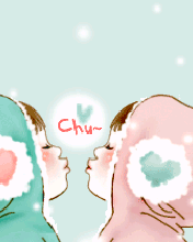 cute kawaii lovers kiss in winter